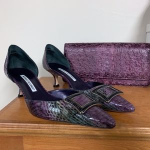 Signed Manolo Blahnik mules and clutch purse